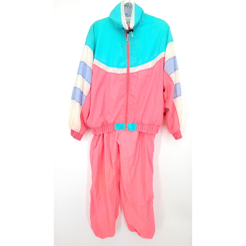 Vintage Marina Bay Tracksuit Women PL 12/14 Pink Teal Colorblock 80s 90s 2 Piece
